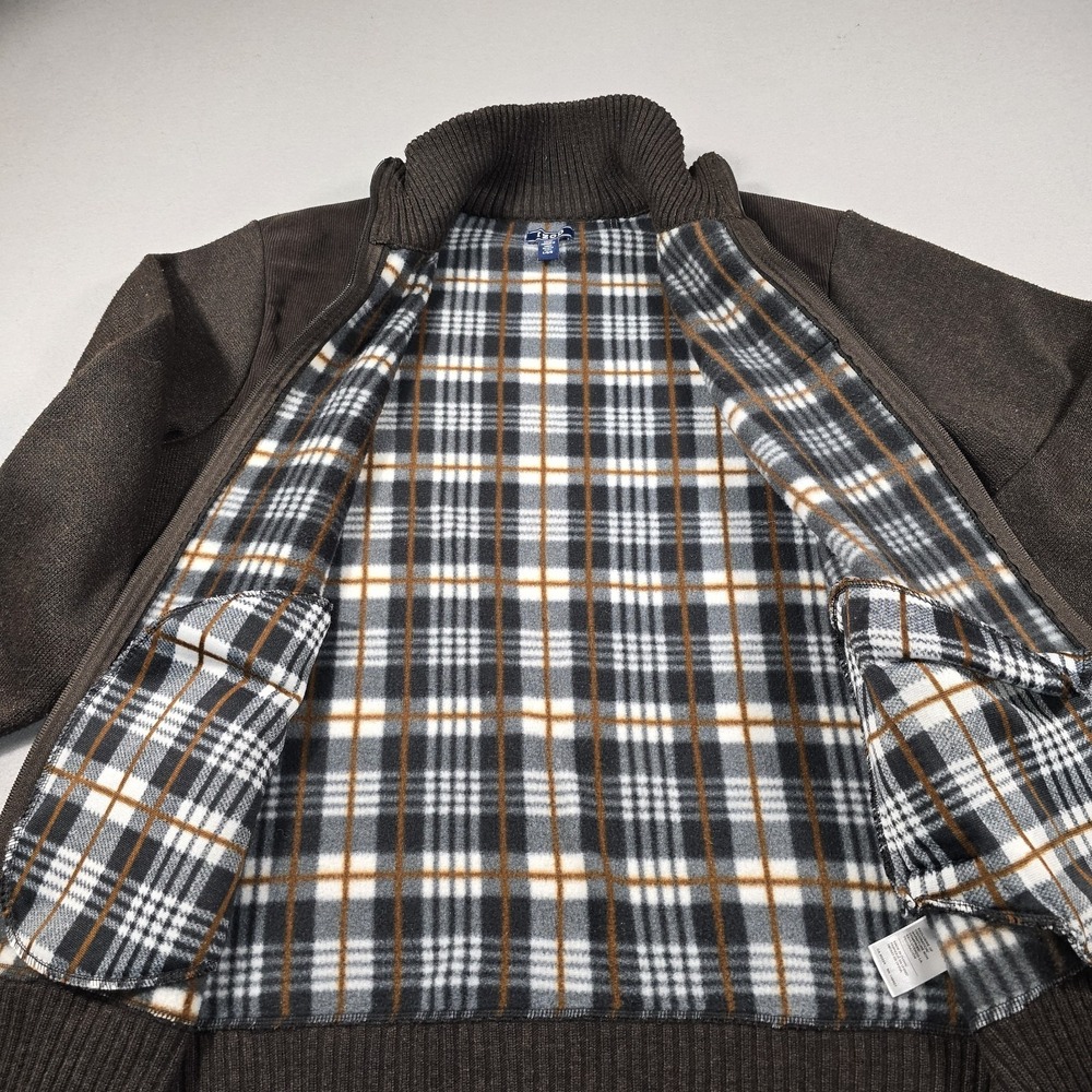 Izod Mens Large Brown Full Zip Sweater Jacket Plaid Fleece Lined Corduroy Trim - Picture 4 of 9